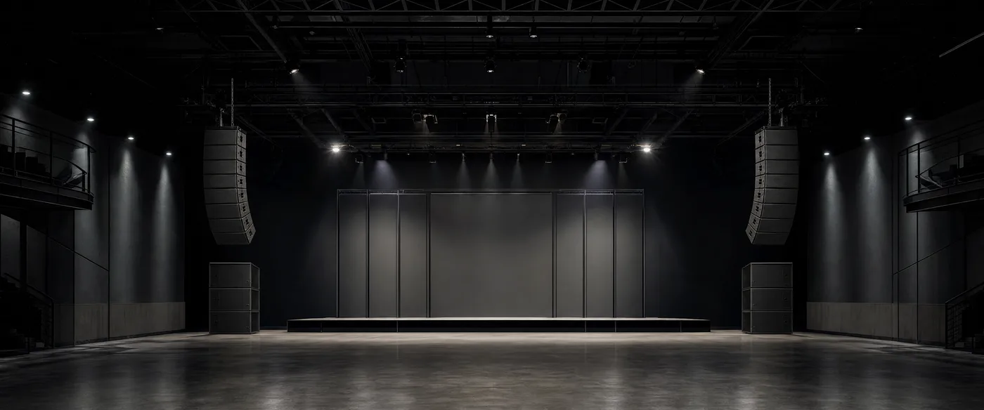 Temsili çok amaçlı salon — tavana asılı simetrik line array çiftleri ve yerde subwooferlar