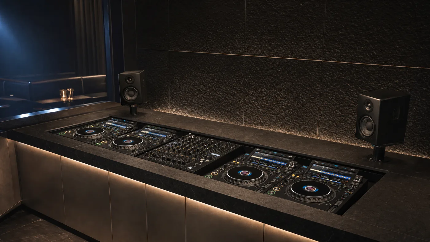 Temsili DJ booth kurulumu — medya oynatıcılar, mikser ve booth monitörleri