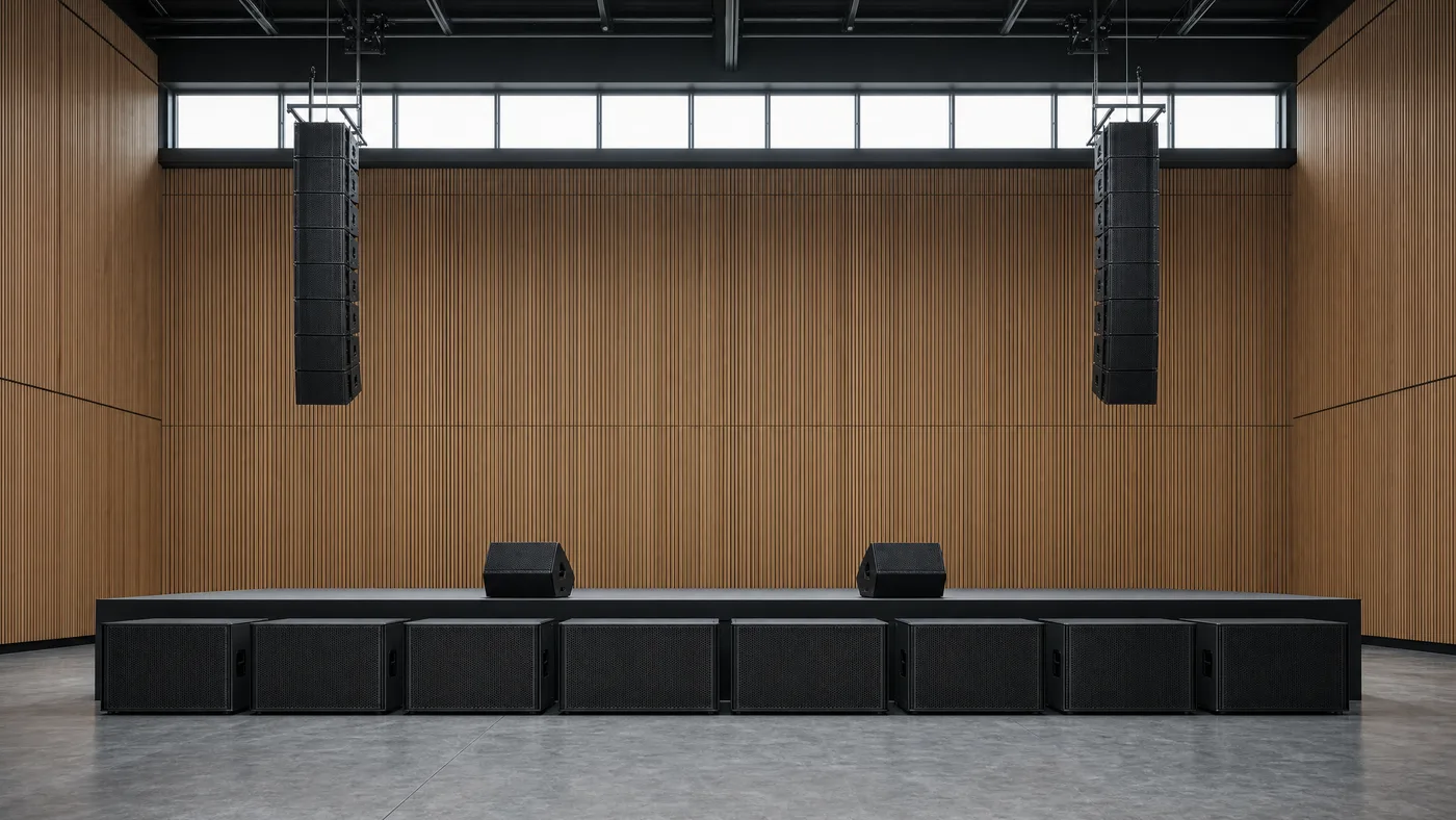 Temsili çok amaçlı salon kurulumu — asılı hoparlör dizileri ve sahne önü subwoofer sırası