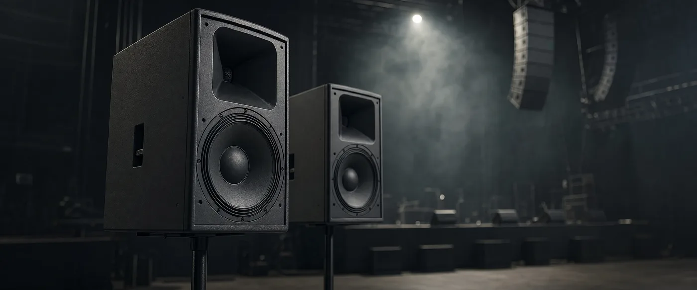 Temsili sahne kurulumu — ön planda aktif hoparlör çifti, arka planda asılı line array modülleri